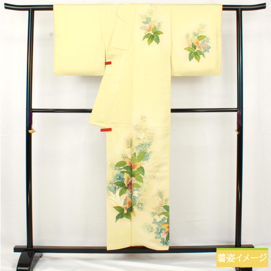 訪問着 正絹 袷 身丈156.5cm 裄丈63cm 淡黄色(たんこうしょく) 京友禅 草花模様 Aランク 黄系 1112005393323