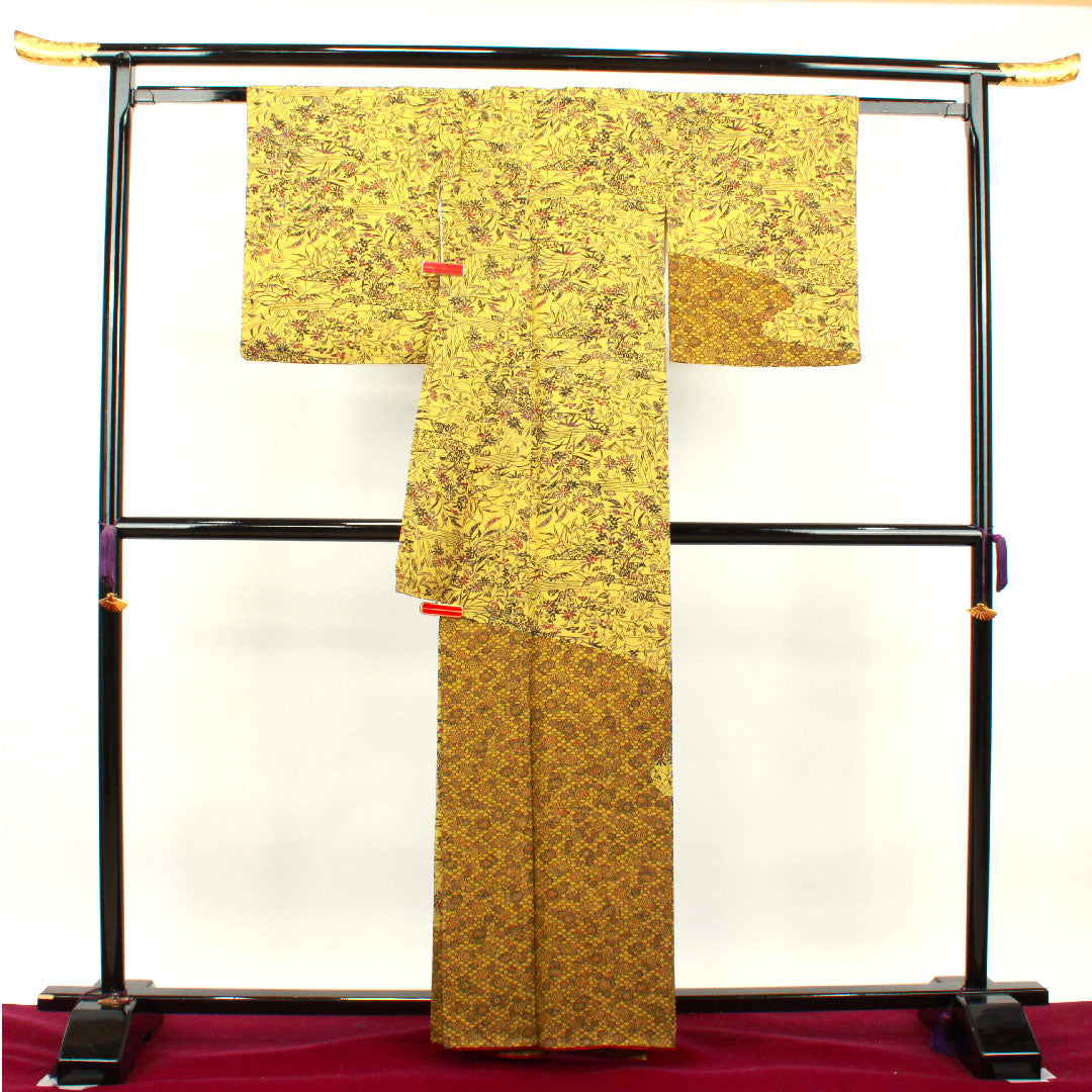 訪問着 正絹 袷 身丈161cm 裄丈64cm 白橡色 型染 草花模様 Bランク 黄系 1112002934423