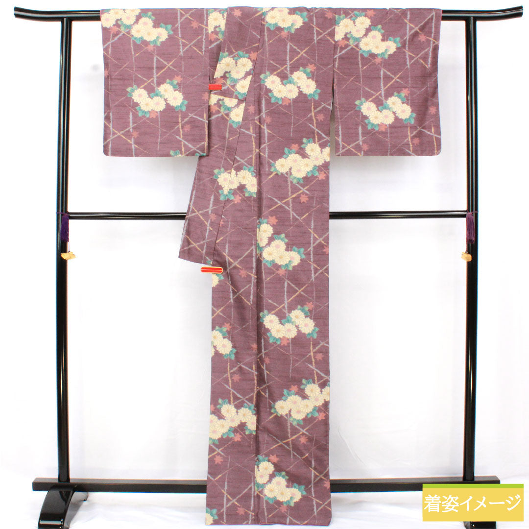 小紋 ポリエステル 身丈167.5cm 裄丈67cm 袷 滅紫色(けしむらさきいろ) 洗える着物 菊 Sランク 紫系 1115004592520