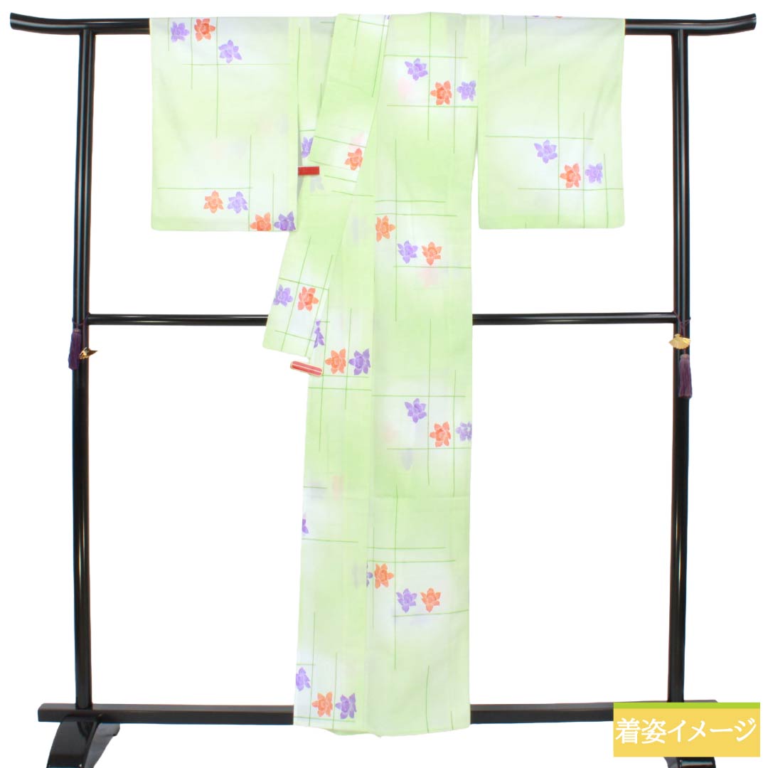 夏物 ポリエステル 小紋 Aランク 身丈158cm 裄丈62cm 黄緑色 竹垣 花柄 洗える着物 絽 緑系 1132005413319