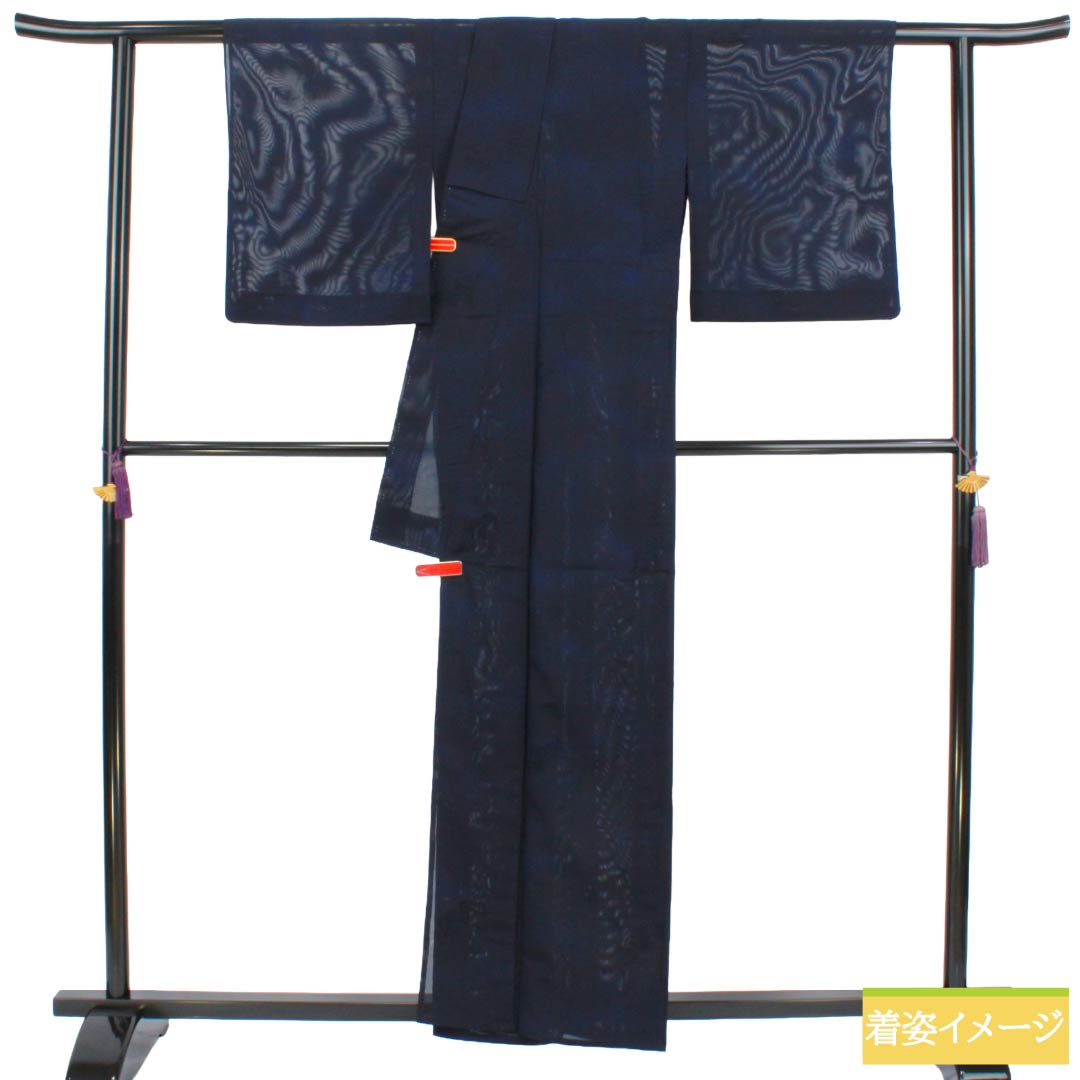 夏物 正絹 色無地 Sランク 身丈159.5cm 裄丈63cm 濃紺色(のうこんいろ) 露芝 草花模様 紗 紺系 1132004452318