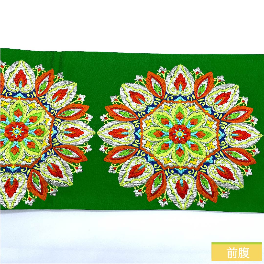 袋帯 緑色 宝相華 帯丈418cm 正絹 Sランク 六通 フォーマル 緑系 1123010362319