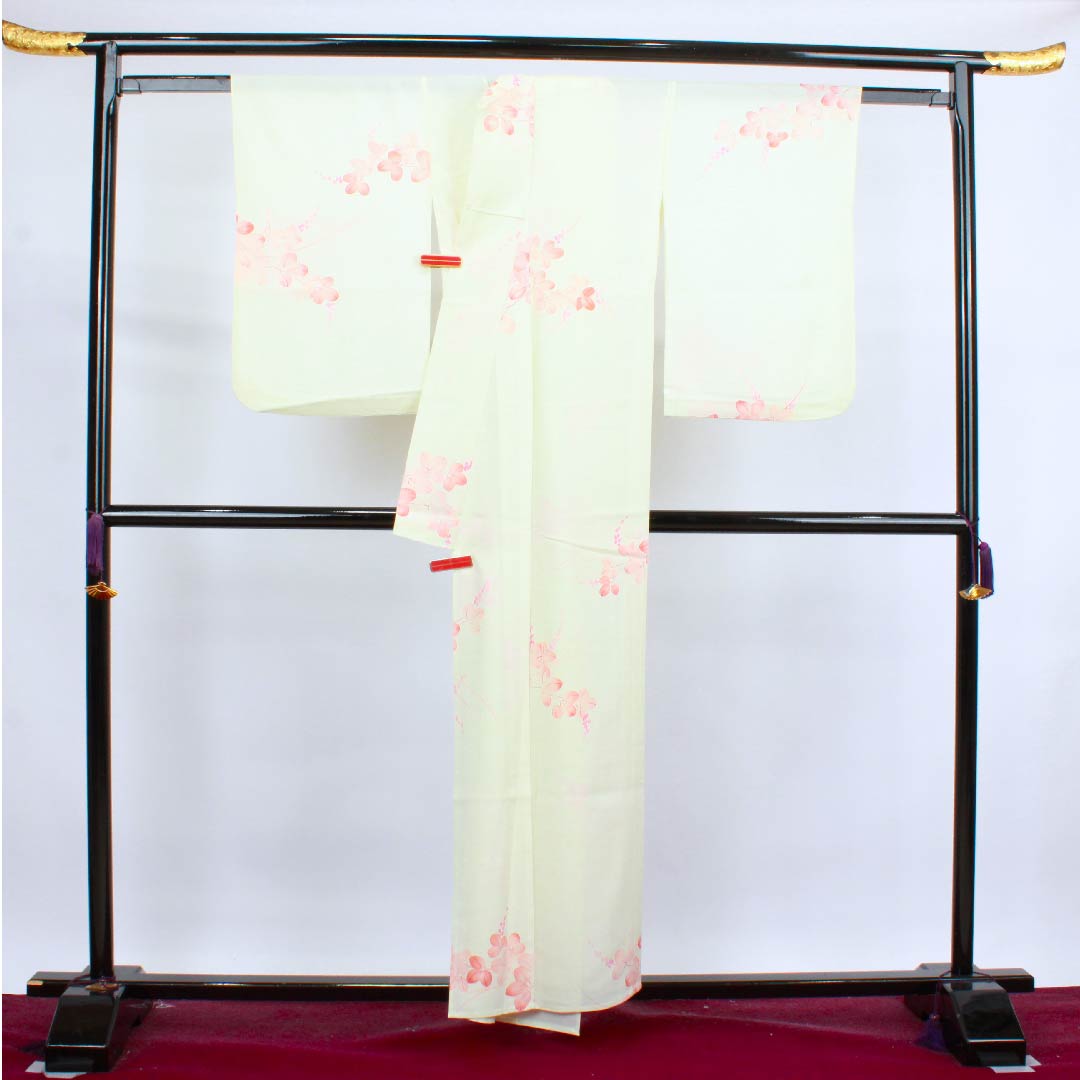 夏物 正絹 小紋 身丈157.5cm 裄丈64.5cm 白百合色(しらゆりいろ)萩 絽 Bランク クリーム系 1132000044315