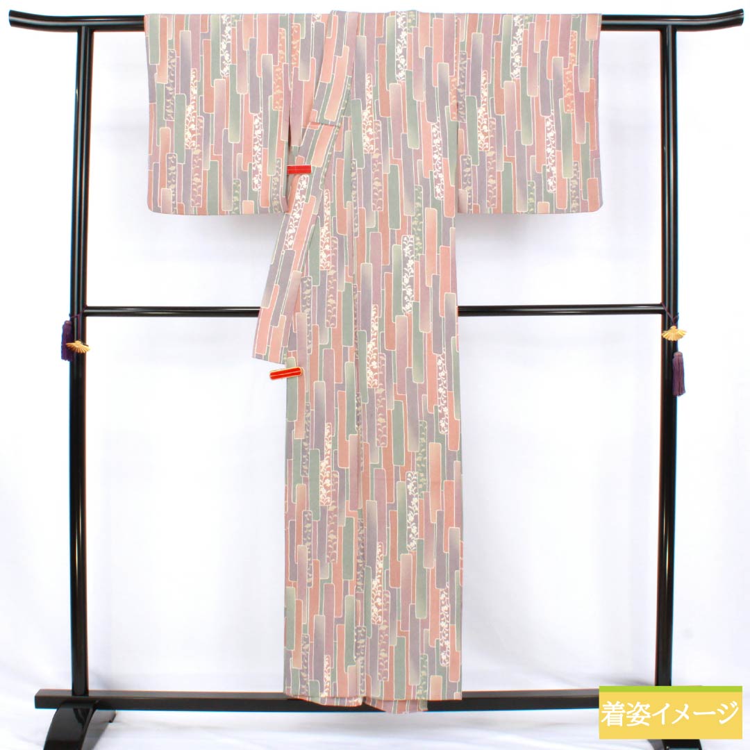 小紋 ポリエステル Sランク 身丈153.5cm 裄丈63cm 単衣 型染 短冊 草花 洗える着物 グラデーション系 1115007912299