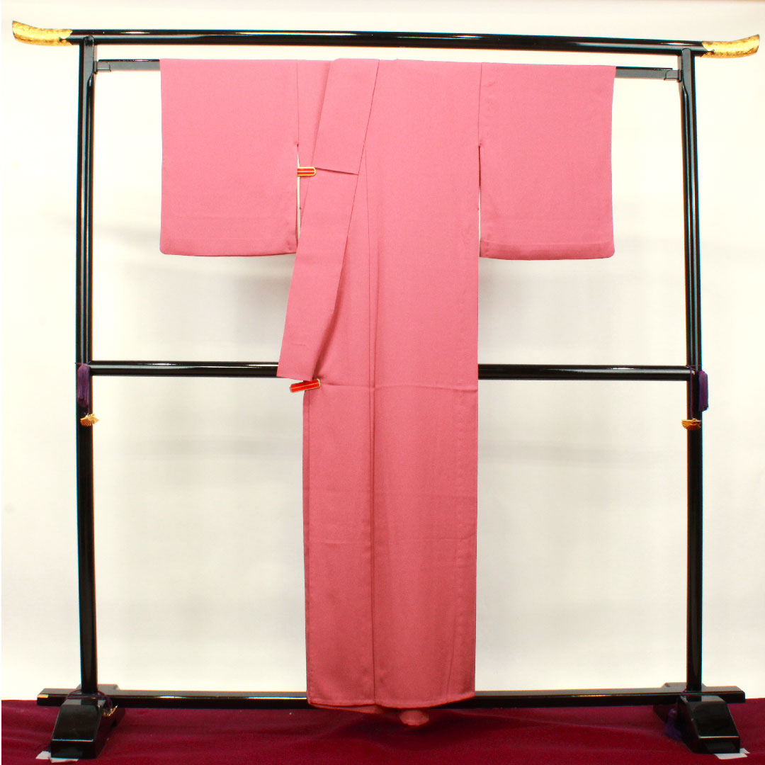 色無地 ポリエステル 帯紅色 素無地 洗える着物 身丈154cm 裄丈66.5cm 単衣 Sランク ピンク系 1114001062213