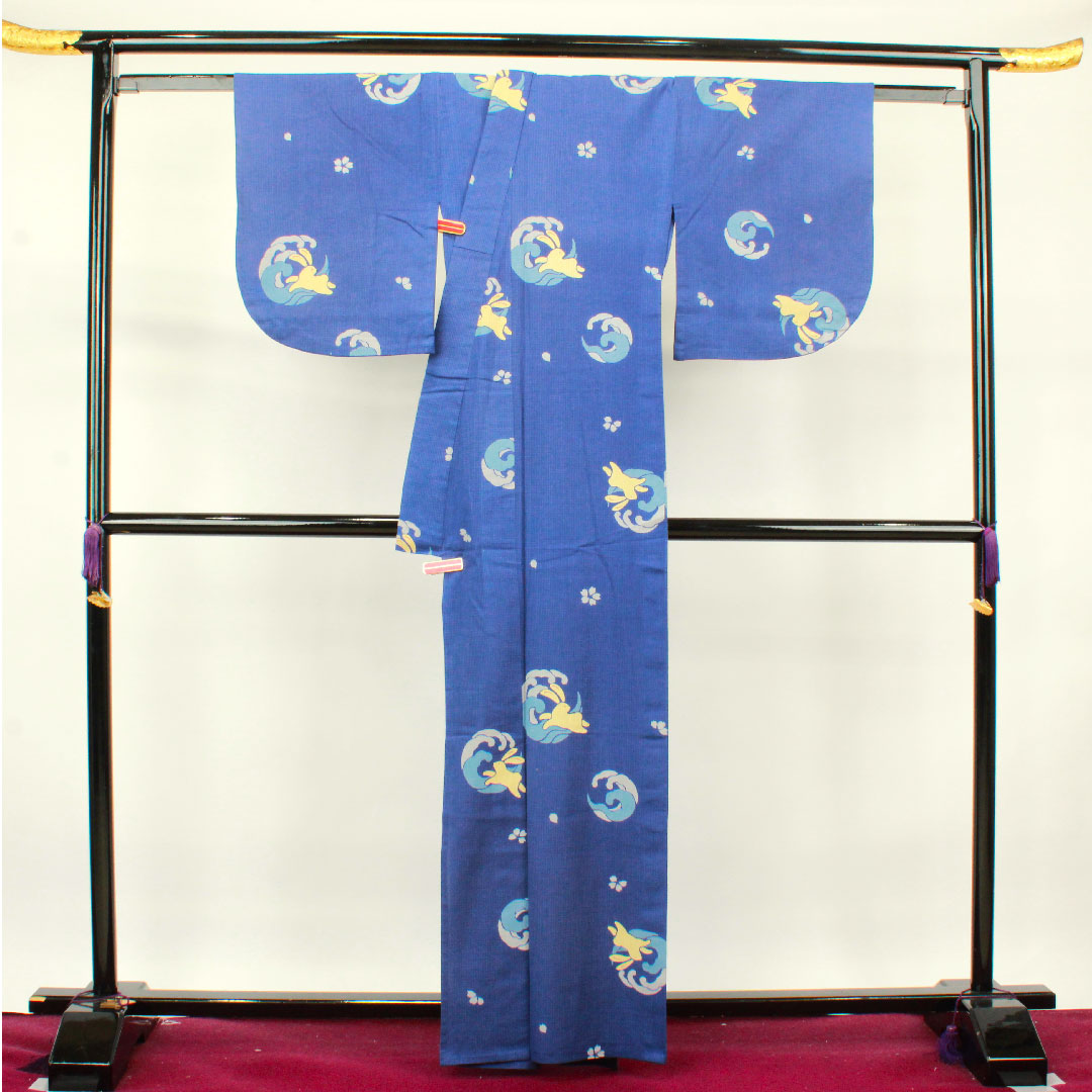 浴衣 桔梗色 ウサギ 桜 木綿 Sランク 単衣 身丈162.5cm 裄丈65.5cm 青系 1118002962417