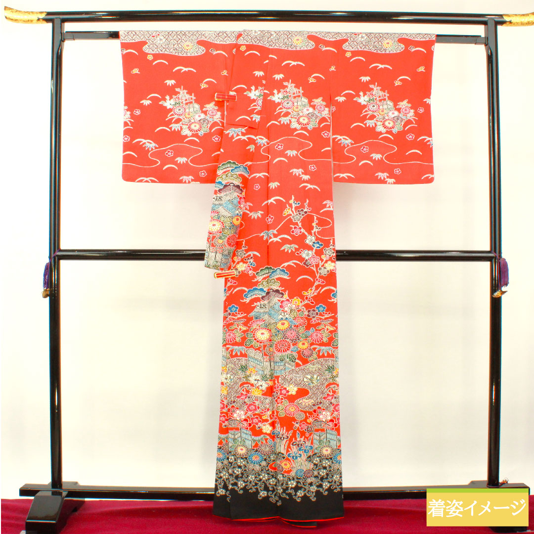 訪問着 正絹 袷 身丈163cm 裄丈64.5cm 猩々緋色 京紅型 吉祥文様 Sランク 朱系 1112004072416