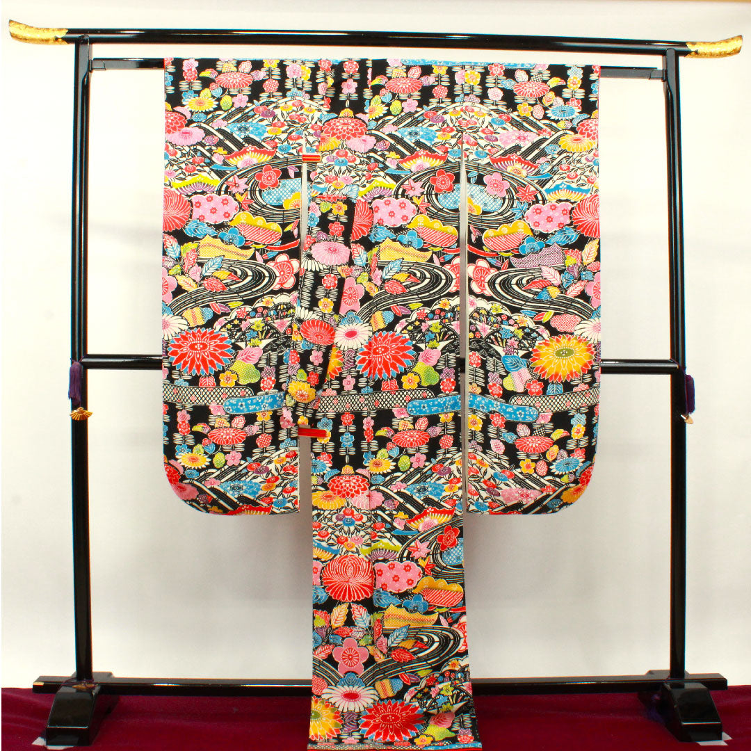 振袖 身丈172cm 裄丈66cm 袷 京紅型 吉祥文様 正絹 Sランク 黒系 1113001682610