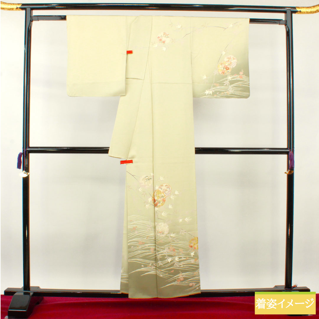 訪問着 袷 身丈155cm 裄丈63cm 利休白茶色 京友禅 吉祥文様 正絹 Sランク 緑系 1112003902319