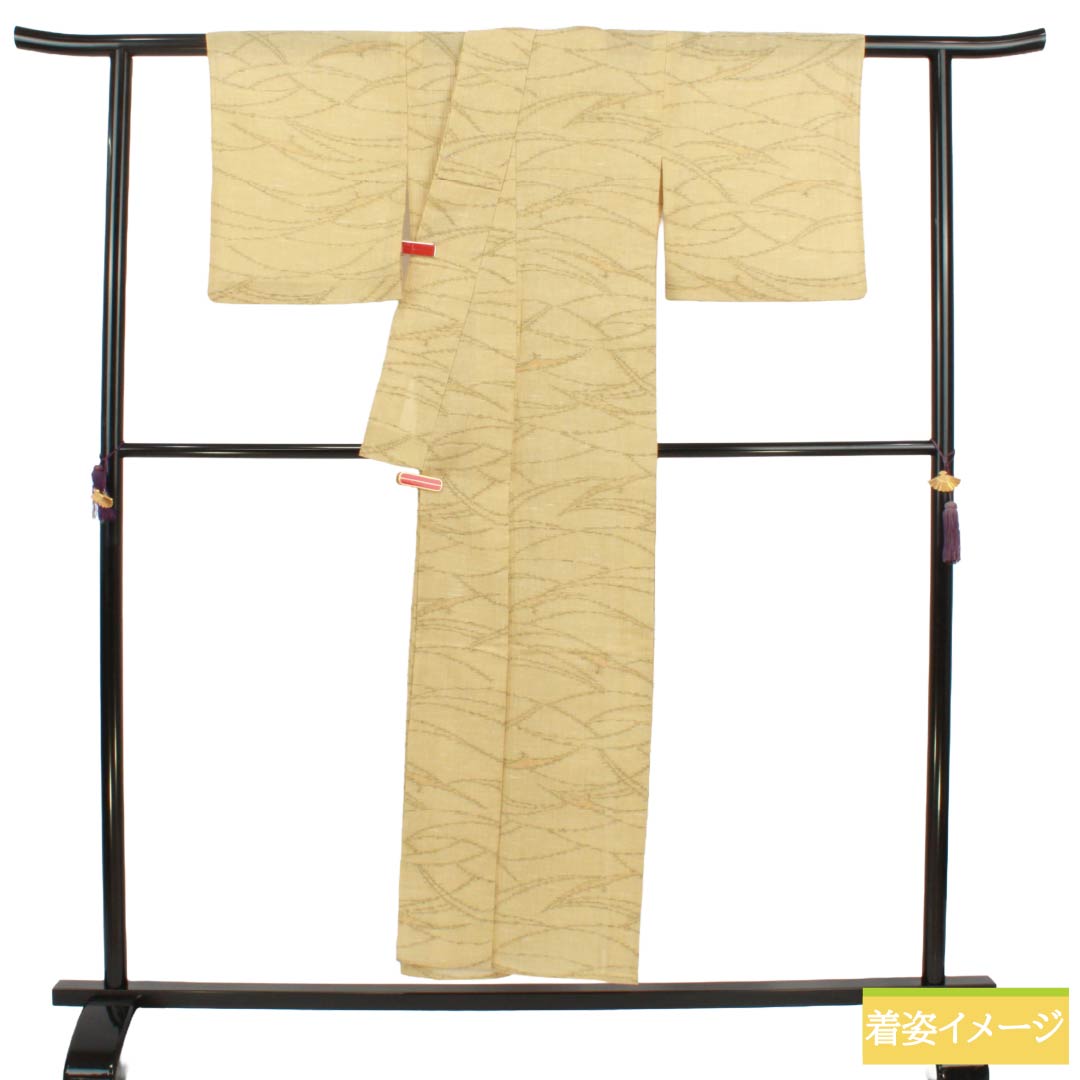 夏物 麻 紬 Sランク 身丈151cm 裄丈61.5cm 淡黄蘗色(うすきはだいろ) 抽象模様 縮風 紗 ベージュ系 1132004672225