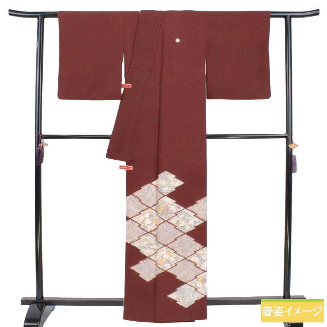 色留袖 正絹 Aランク 身丈162cm 裄丈66.5cm 袷 黒紅梅色(くろこうばいいろ) 京友禅 松皮菱 吉祥文様 一つ紋 丸に石竹 比翼付き 五つ紋 茶系 1111002163414