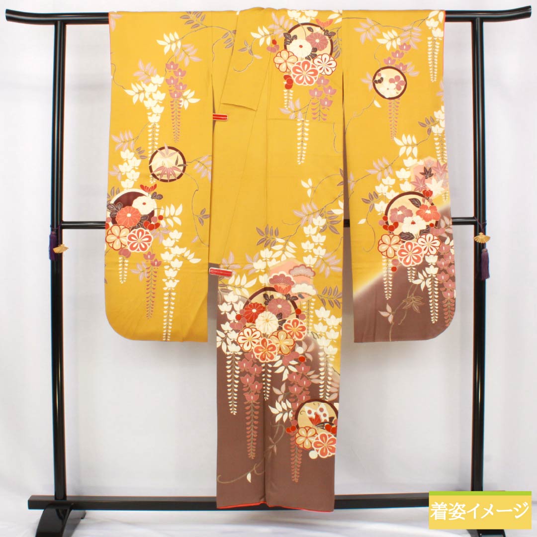 Silk Furisode, A Rank, Length 156.5cm, Sleeve-to-Sleeve 63cm, Lined, Ocher, Kyo-Yuzen, Auspicious Patterns, Plum, Wisteria, Butterfly, Yellow tones, 1113002573323