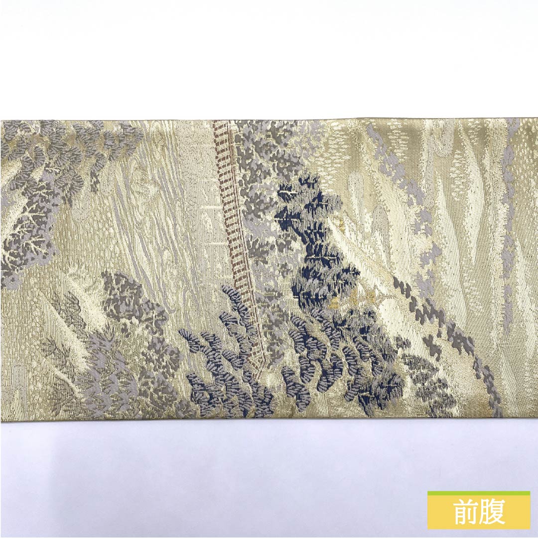 Formal, pure silk obi for formal kimono (tomesode) with a motif of the famous Ryoanji Temple in Kyoto, length 426cm, S rank, six-fold hem, gold finish, product number 1123014522321