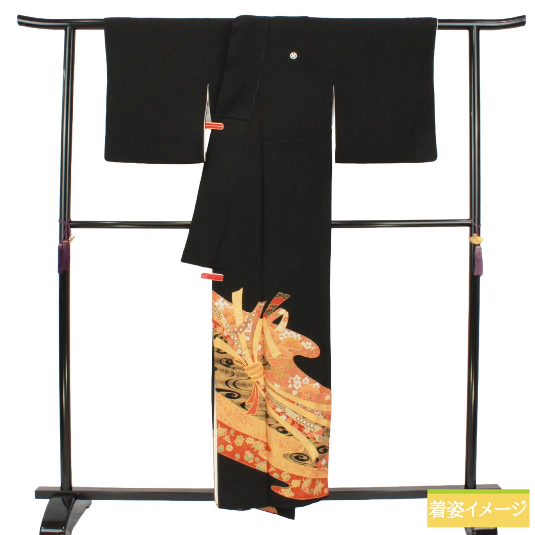 黒留袖 正絹 Aランク 身丈155cm 裄丈63.5cm 袷 京友禅 束ね熨斗 五つ紋 丸に違い鷹の羽 比翼付き 五つ紋 黒系 1111002343310