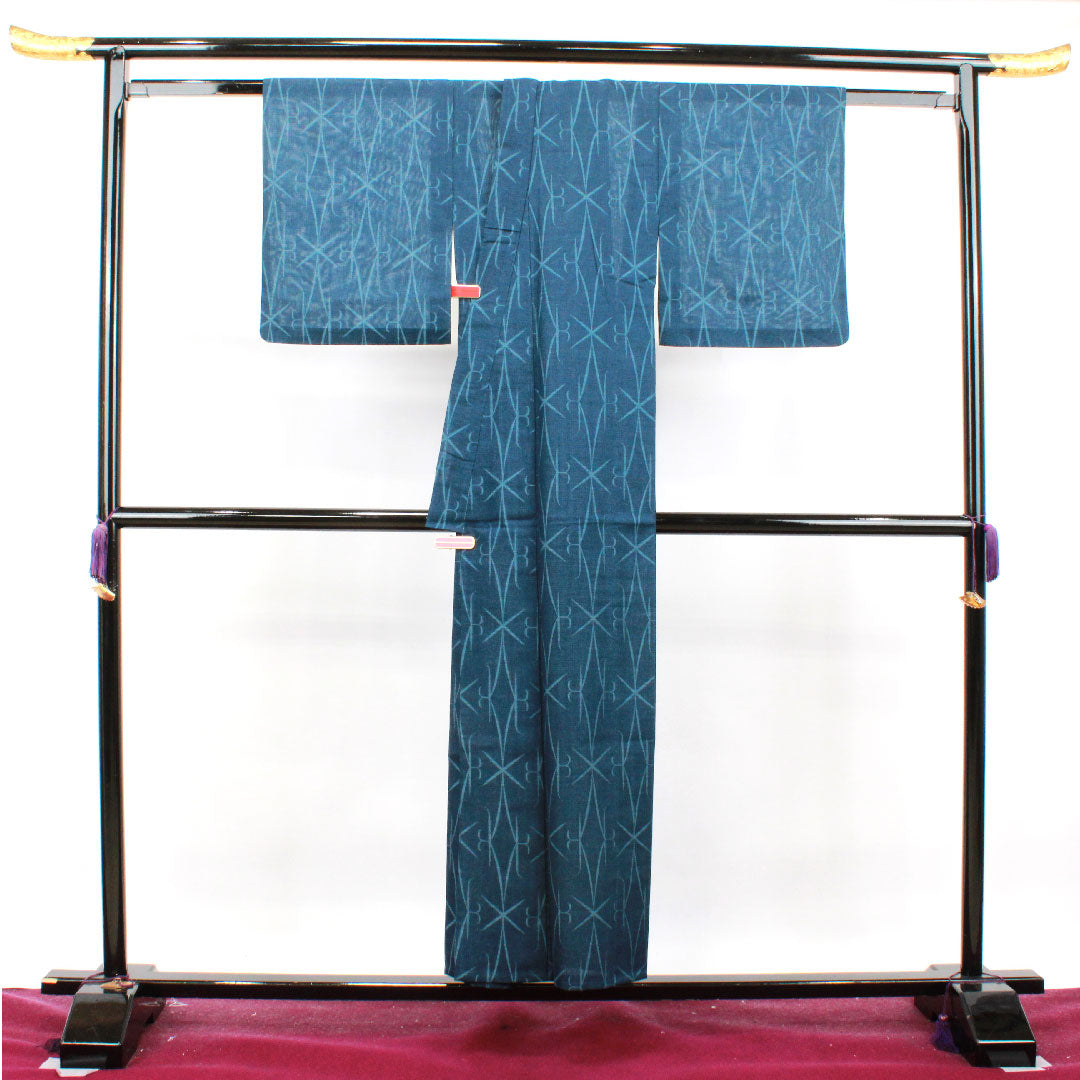 Summer wool tsumugi Length 153.5cm Sleeve length 61.5cm Back color (urai-ro) Geometric pattern Summer wool Gauze S rank Blue 1132001262217