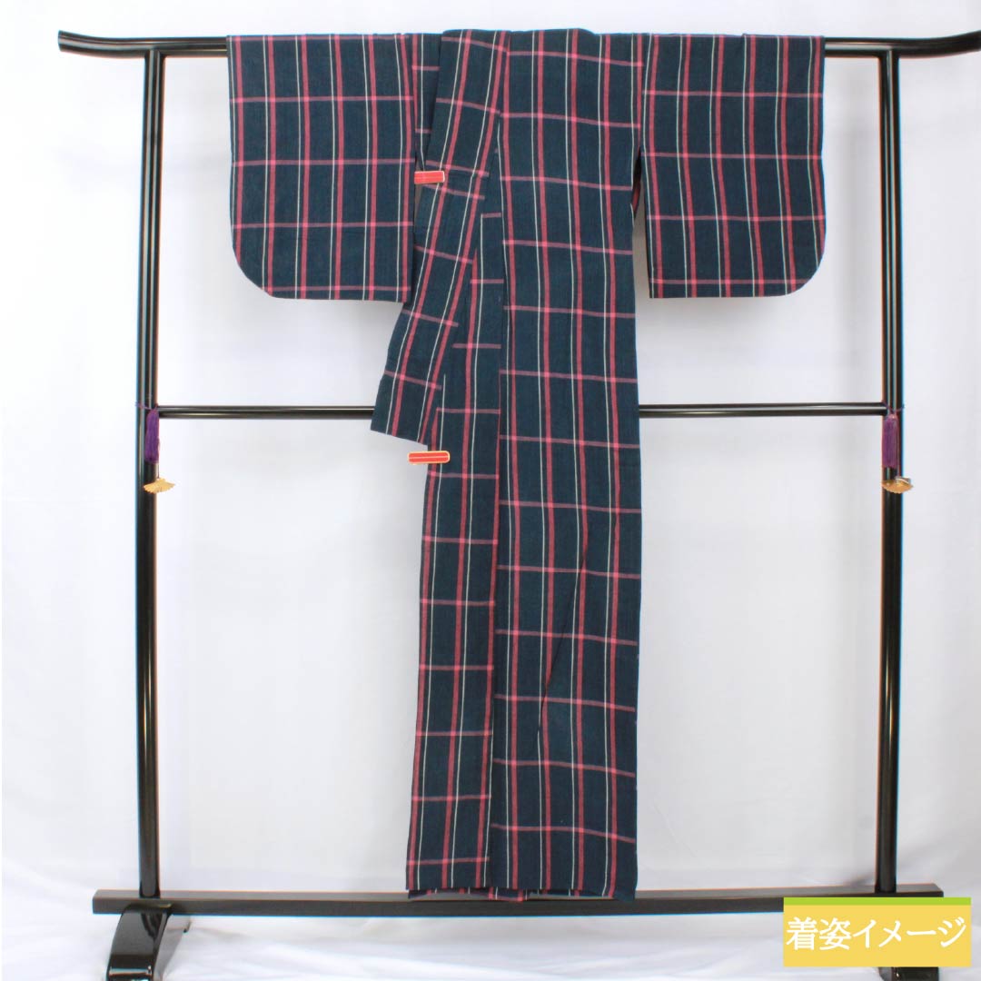 浴衣 木綿 身丈154cm 裄丈65cm Bランク 単衣 紺系 印度藍色(いんどあいいろ) しじら織 格子 1118005624218