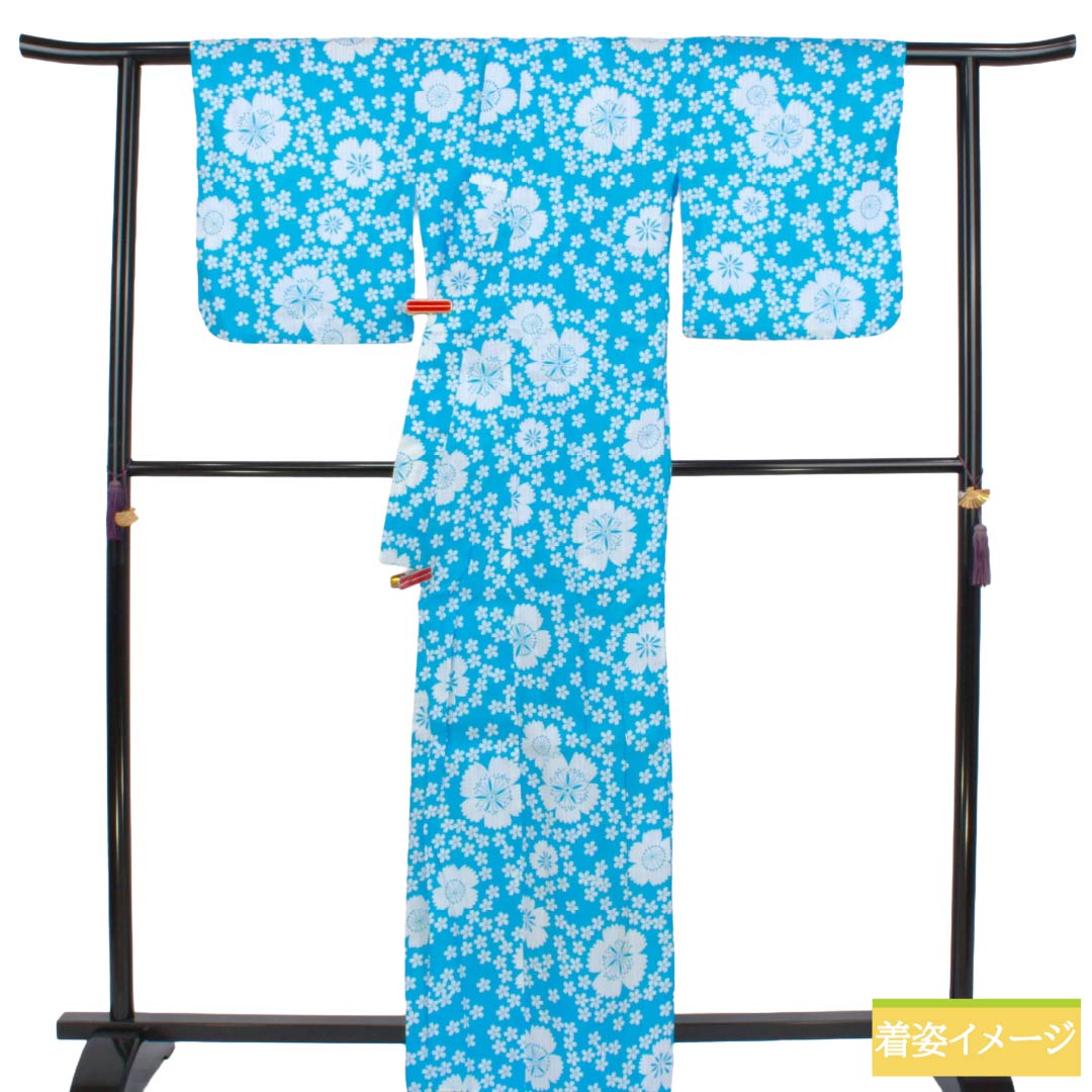 浴衣 木綿 Sランク 身丈163.5cm 裄丈68cm 水色(みずいろ) 桜 単衣 水色系 1118007482424