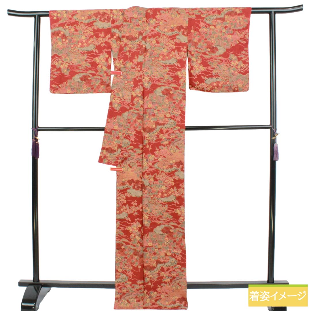小紋 正絹 Sランク 身丈167cm 裄丈66cm 袷 濃紅葉色(こいもみじいろ) 京友禅 慶長小袖文様 赤系 1115008362512