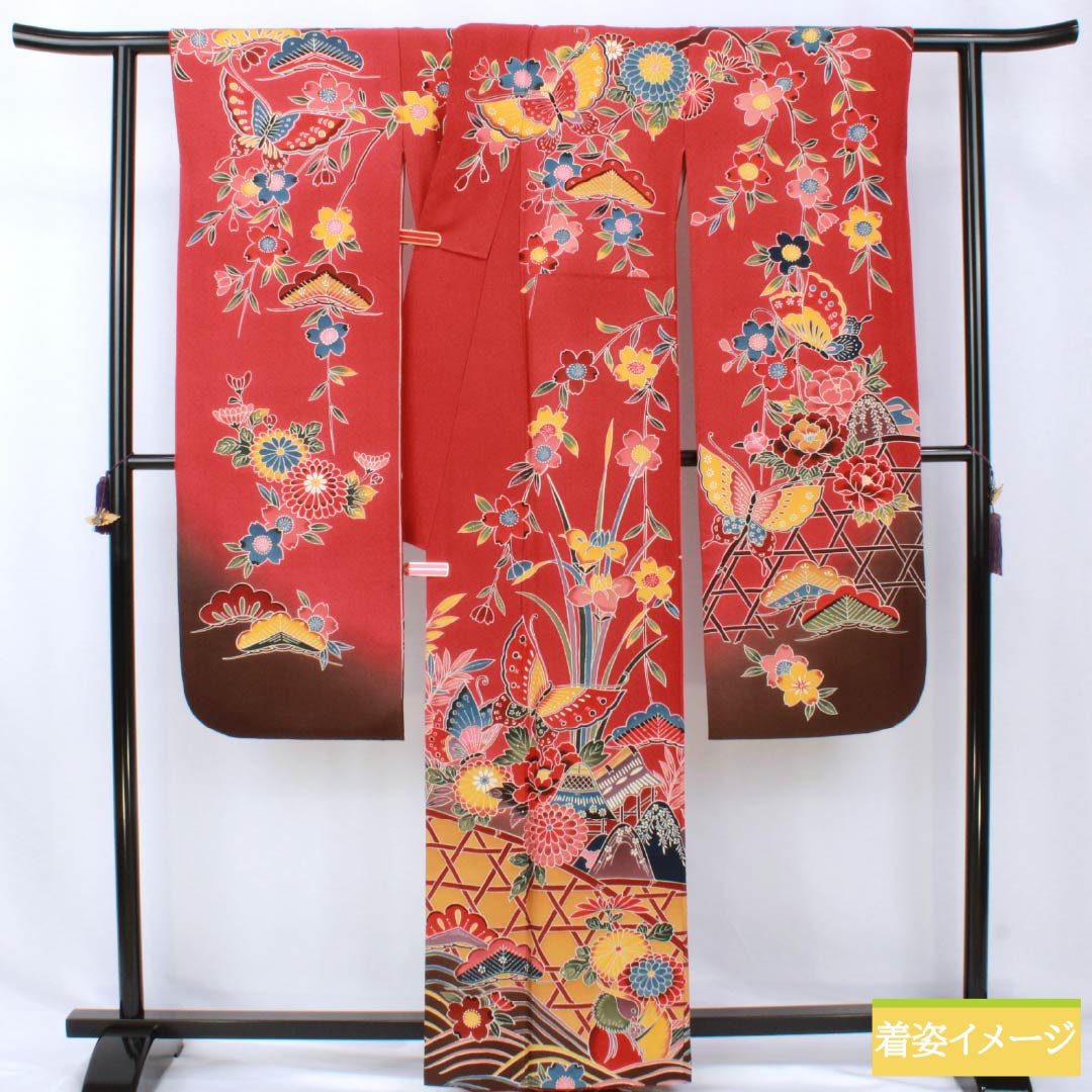 振袖 正絹 Sランク 身丈162cm 裄丈67.5cm 袷 柘榴色(ざくろいろ) 京紅型 吉祥文様 蝶 パールトーン加工 赤系 1113002392412