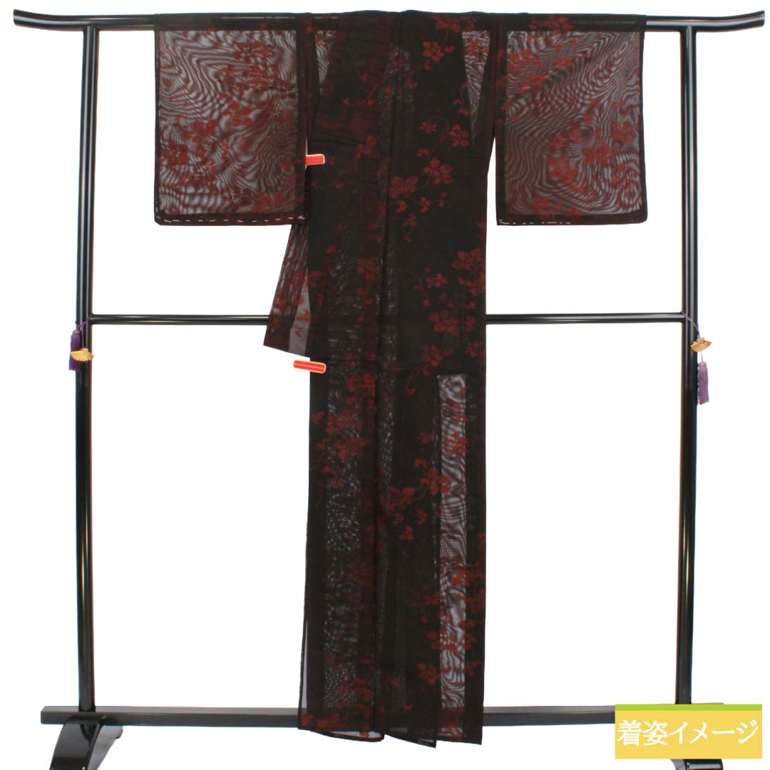 夏物 正絹 お召 Sランク 身丈157.5cm 裄丈64.5cm 海老色(えびいろ) 草花模様 紗 赤系 1132004422312