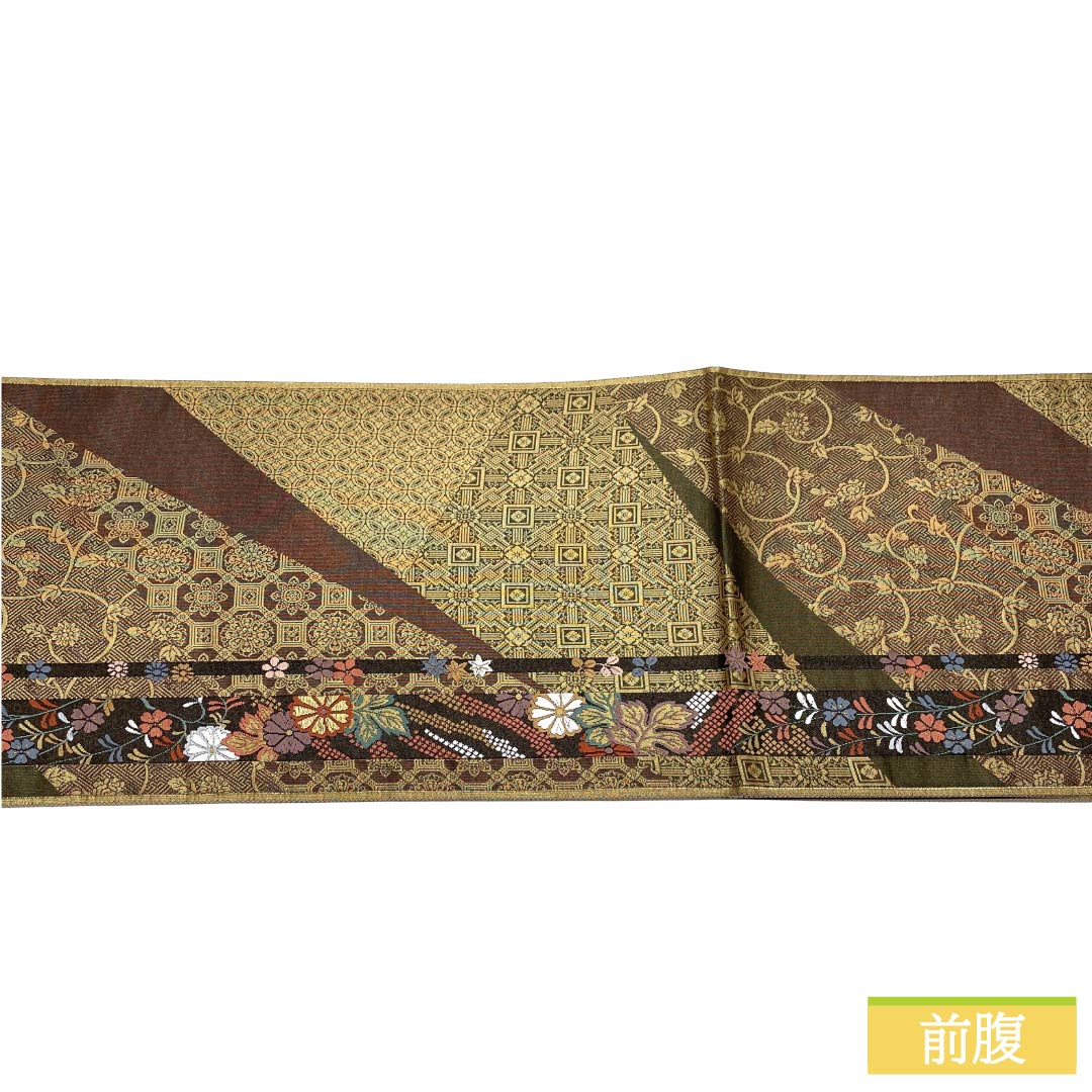 袋帯 正絹 Aランク 金色(きんいろ) 古典柄 縞 花 帯丈438cm 六通 セミフォーマル グラデーション系 1123018633399