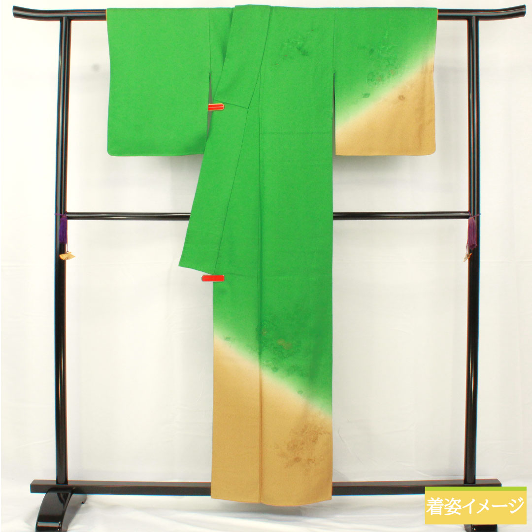 訪問着 正絹 袷 身丈157.5cm 裄丈62.5cm 草緑色(くさみどりいろ) 汕頭刺繡 草花模様 スコッチガード Sランク 緑系 1112004992319