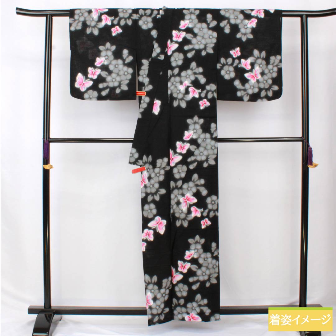 Cotton Yukata, Length 158.5cm, Sleeve Length 64.5cm, S Rank, Single Layer, Black, Butterfly and Flower Design, 1118006152310