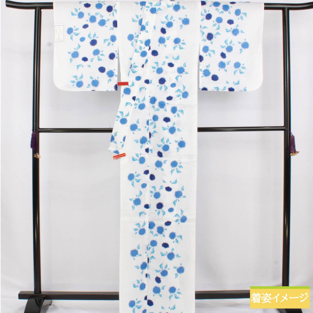 浴衣 木綿 身丈166cm 裄丈64.5cm Aランク 単衣 白系 アザミ 1118006723511