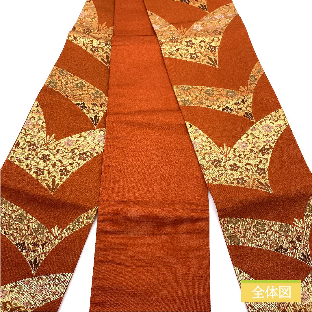 (未仕立)半幅帯 ポリエステル 銀朱色(ぎんしゅいろ) 花唐草 古典柄 植物模様 帯丈356cm 茶系 Sランク 1125001102314