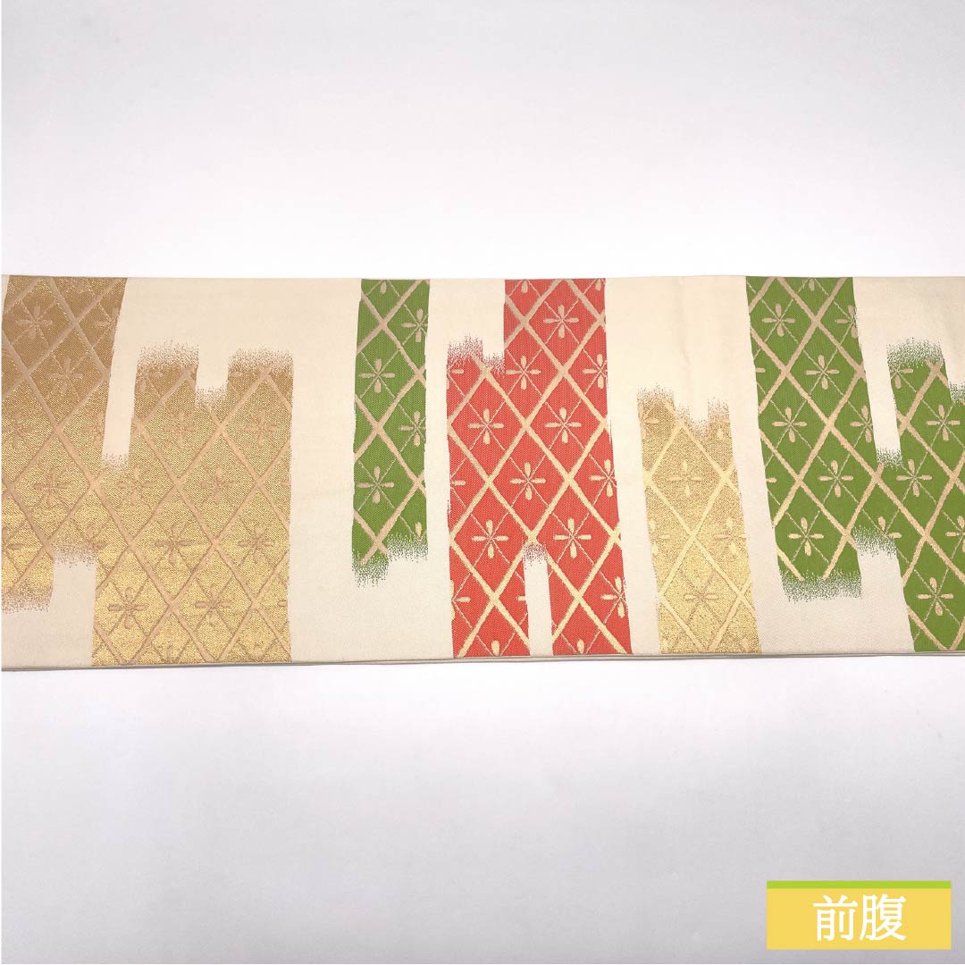 袋帯 正絹 生成り色(きなりいろ) 花菱 帯丈436cm Bランク 全通 セミフォーマル クリーム系 1123014894315