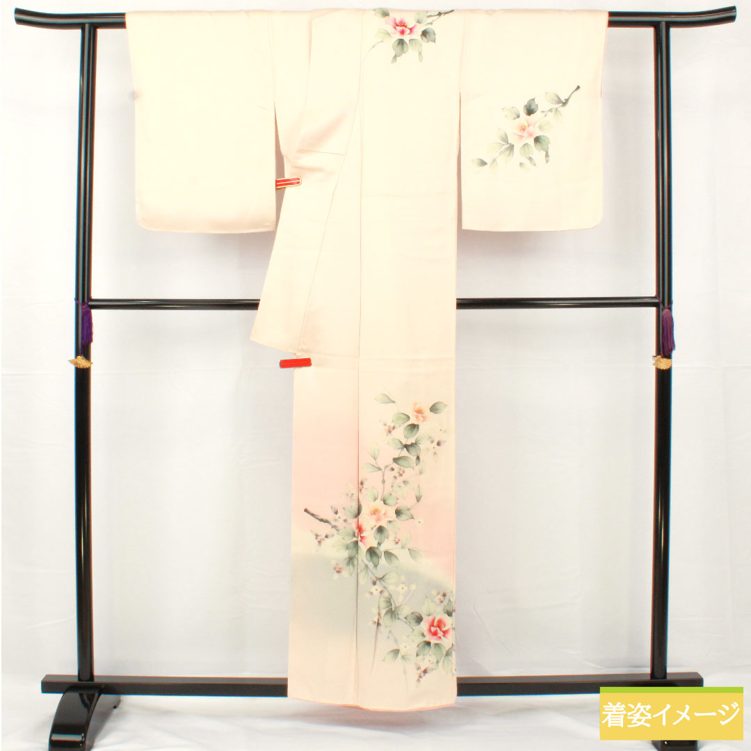 Homongi, pure silk, lined, length 157cm, sleeve length 64cm, Kyoto Yuzen, floral pattern, basting thread included, unused, S rank, pink, 1112005182313