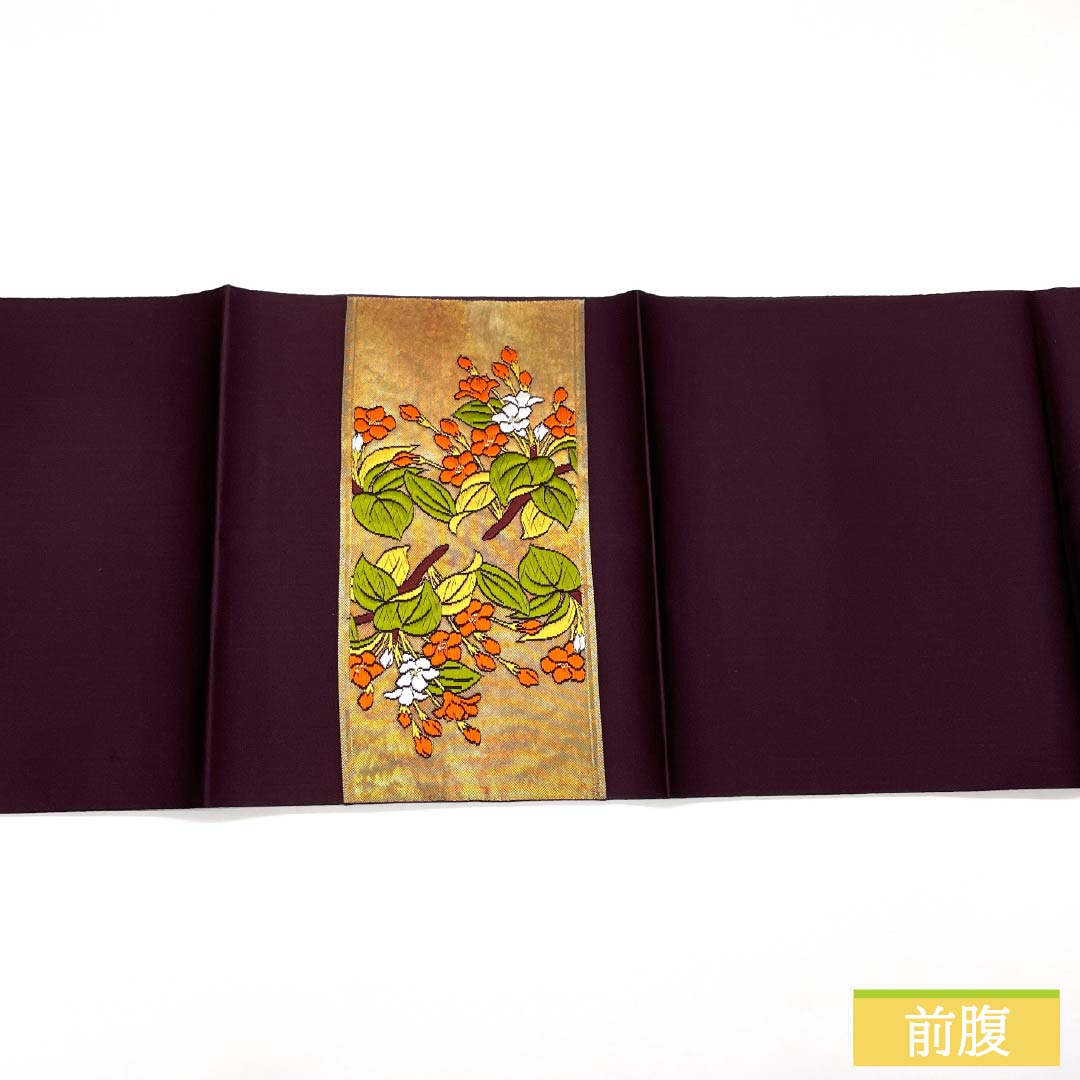 Nagoya Obi, Crimson Ink Color, Floral Pattern, 347cm Long, Pure Silk, S-Rank, Pointed Pattern, Semi-Formal, Purple, 1124009022320, Pine Needle Style