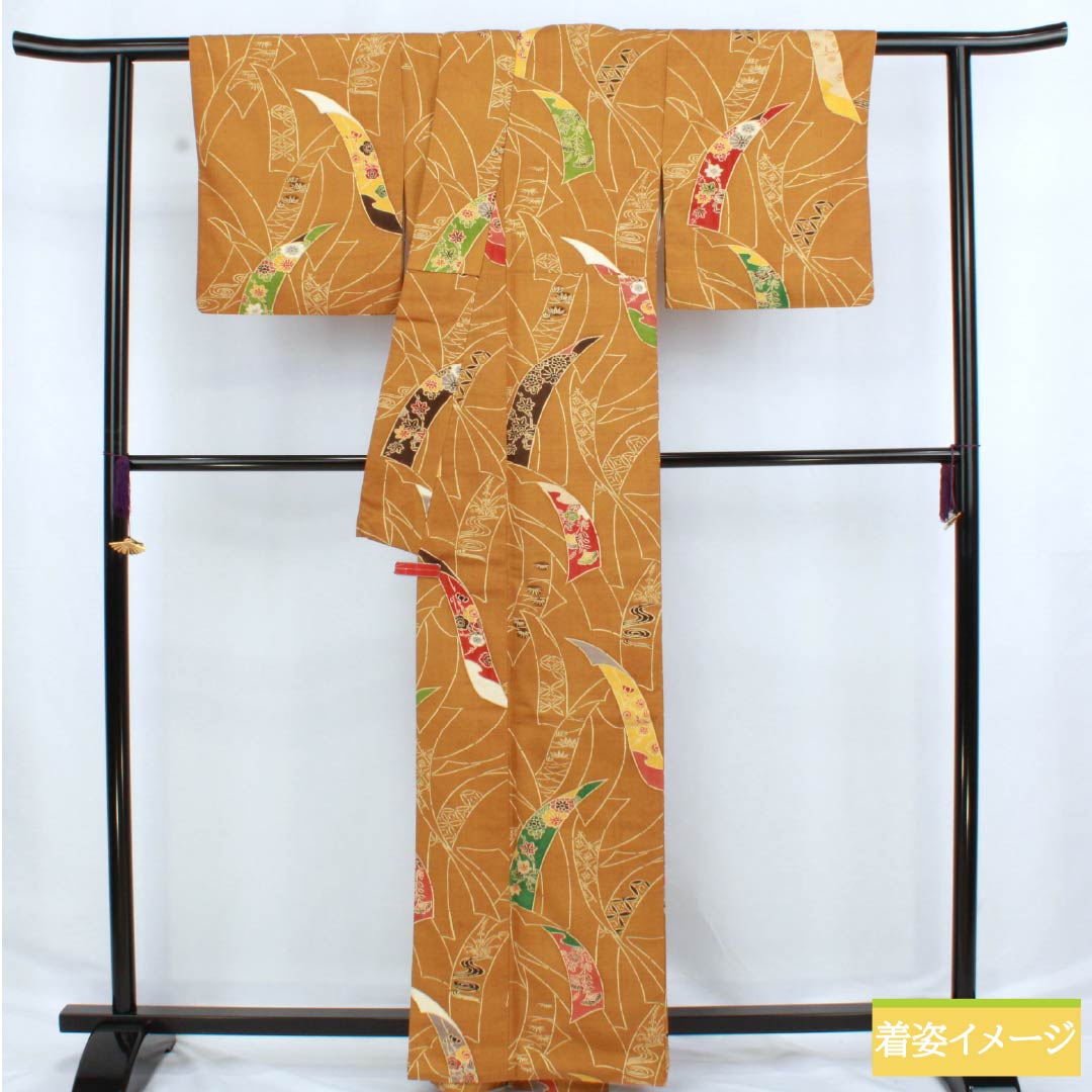 小紋 正絹 Aランク 身丈163.5cm 裄丈64.5cm 袷 金茶色(きんちゃいろ) 京紅型 短冊 紬地 橙系 1115006363426