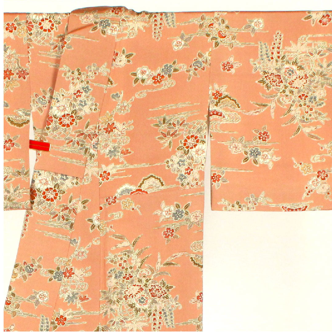 小紋 身丈154cm 裄丈61.5cm 袷 松竹梅 花籠 帛紗付き 正絹 Sランク 茶系 1115002042214