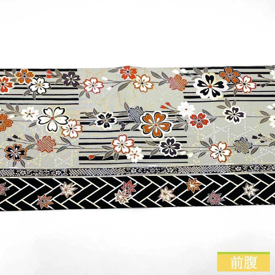 Nagoya Obi, Polyester, Grade A, White-Gray, Dyed, Classic Cherry Blossom Pattern, 360cm Long, Full Length, Semi-Formal, Gray, Item Number: 1124010883322, Open-Leg Style