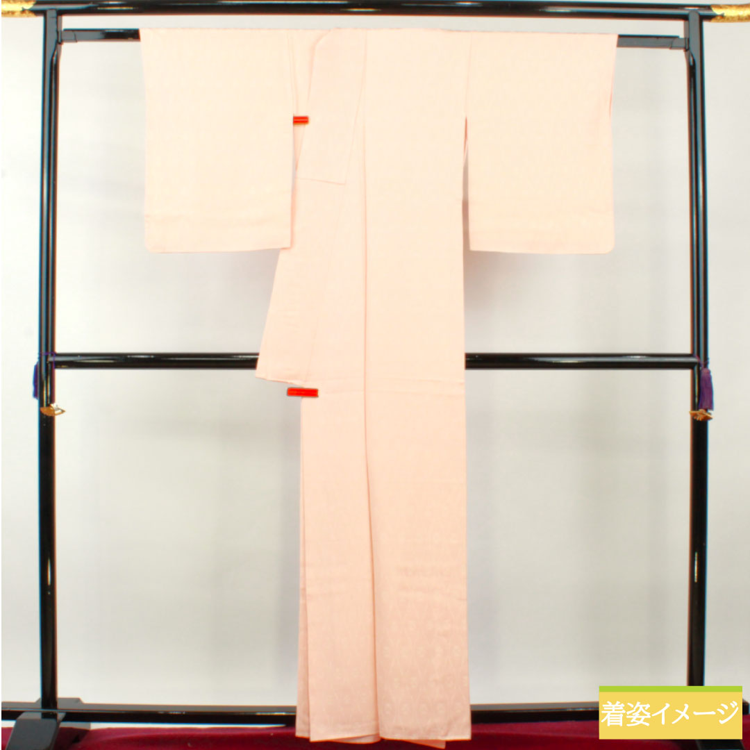 色無地 正絹 身丈159cm 裄丈66.5cm 乙女色(おとめいろ) 抽象模様 一つ紋 中陰桔梗 袷 Aランク ピンク系 1114001363313