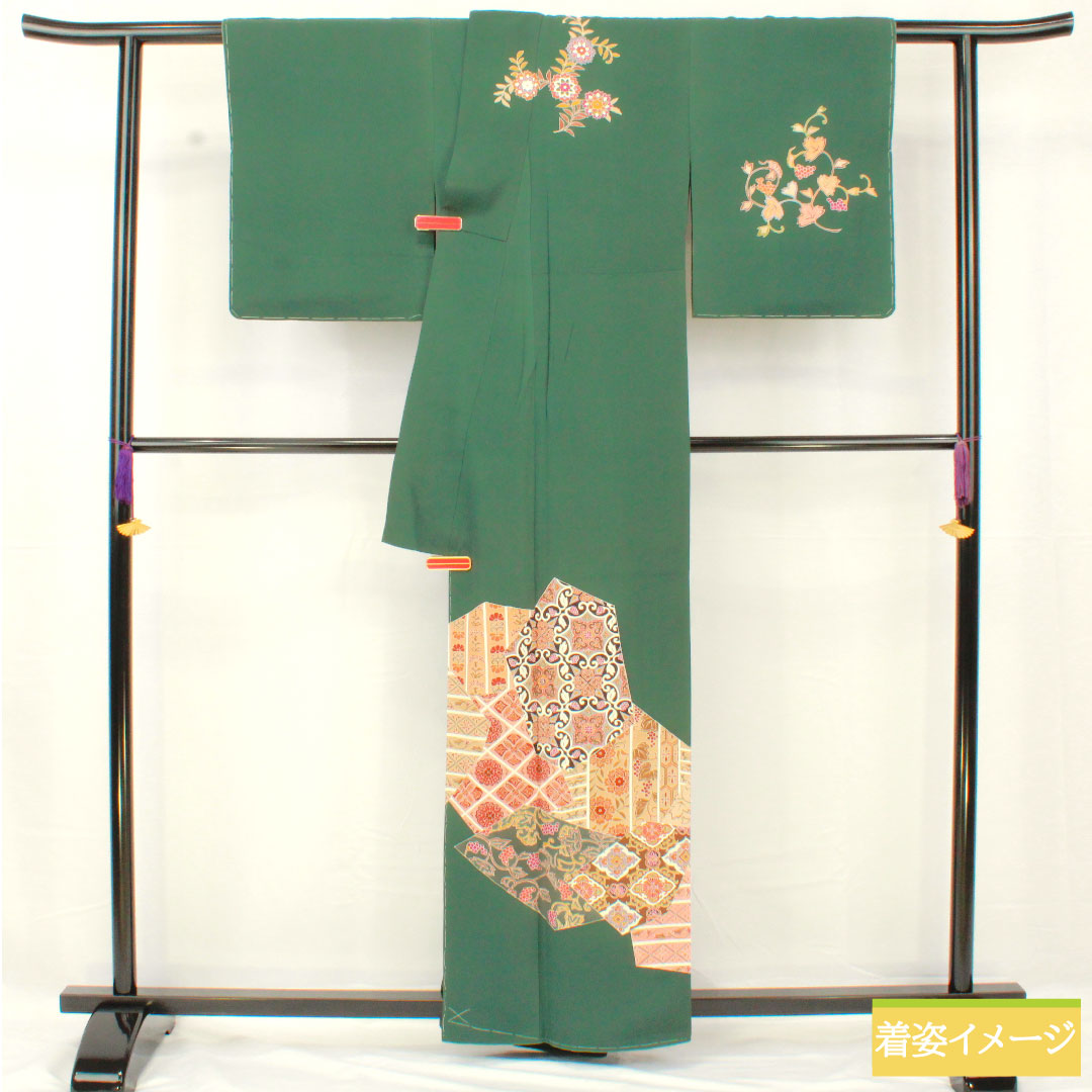 訪問着 正絹 袷 身丈160cm 裄丈63.5cm 柚葉色(ゆばいろ) 京友禅 更紗模様 Sランク 緑系 1112005052419