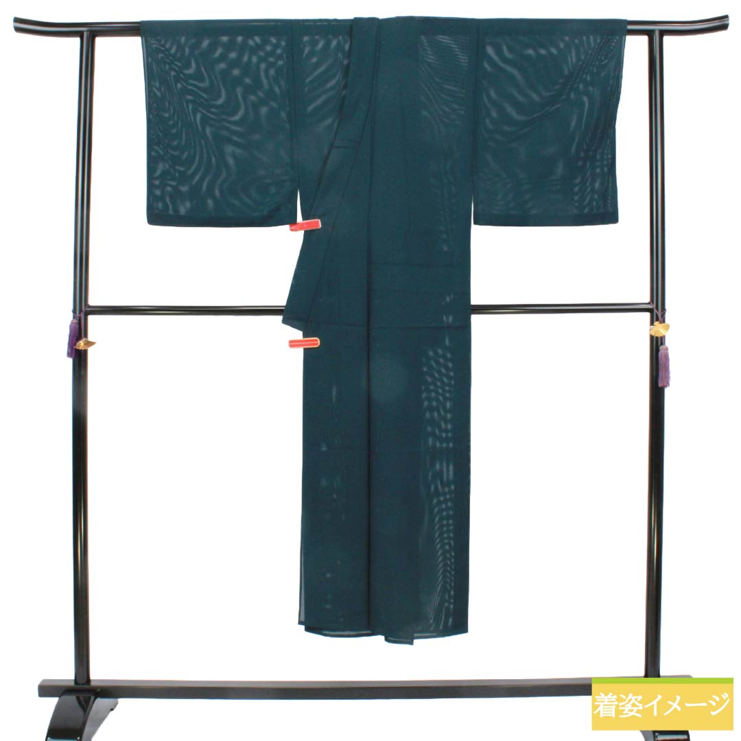 夏物 ポリエステル 男物 Sランク 身丈141.5cm 裄丈65.5cm 鉄色(てついろ) 洗える着物 素無地 絽 緑系 1132006472419