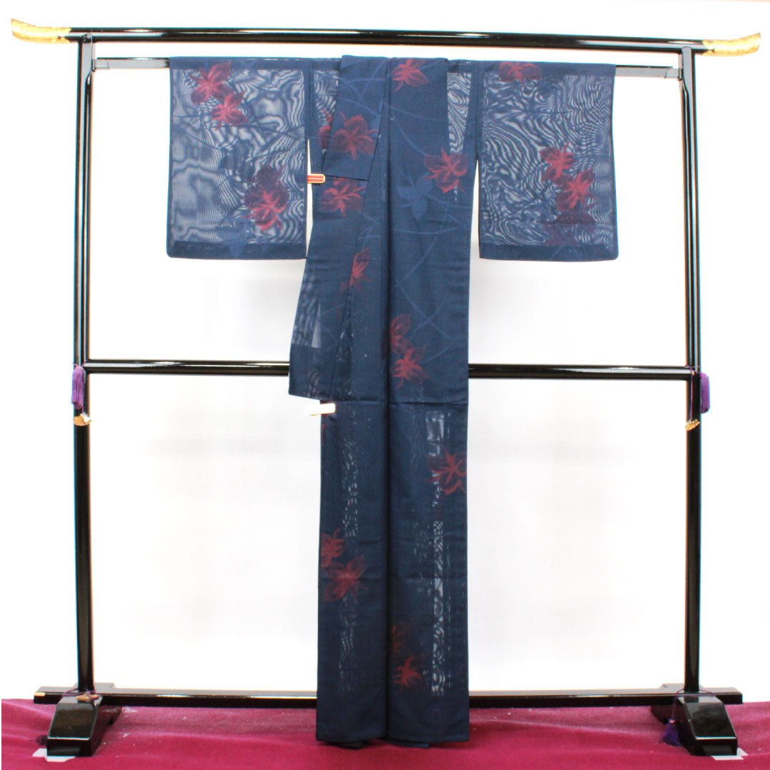 Summer pure silk komon length 164.5cm sleeve length 65cm dark navy abstract flower gauze rank S navy 1132001112418