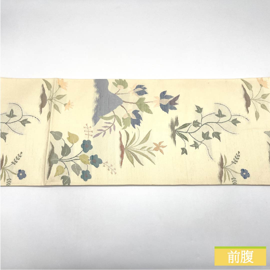 袋帯 正絹 Aランク 生成り色(きなりいろ) ふくれ織 紬地 草花模様 帯丈426cm 六通 カジュアル クリーム系 1123015303315