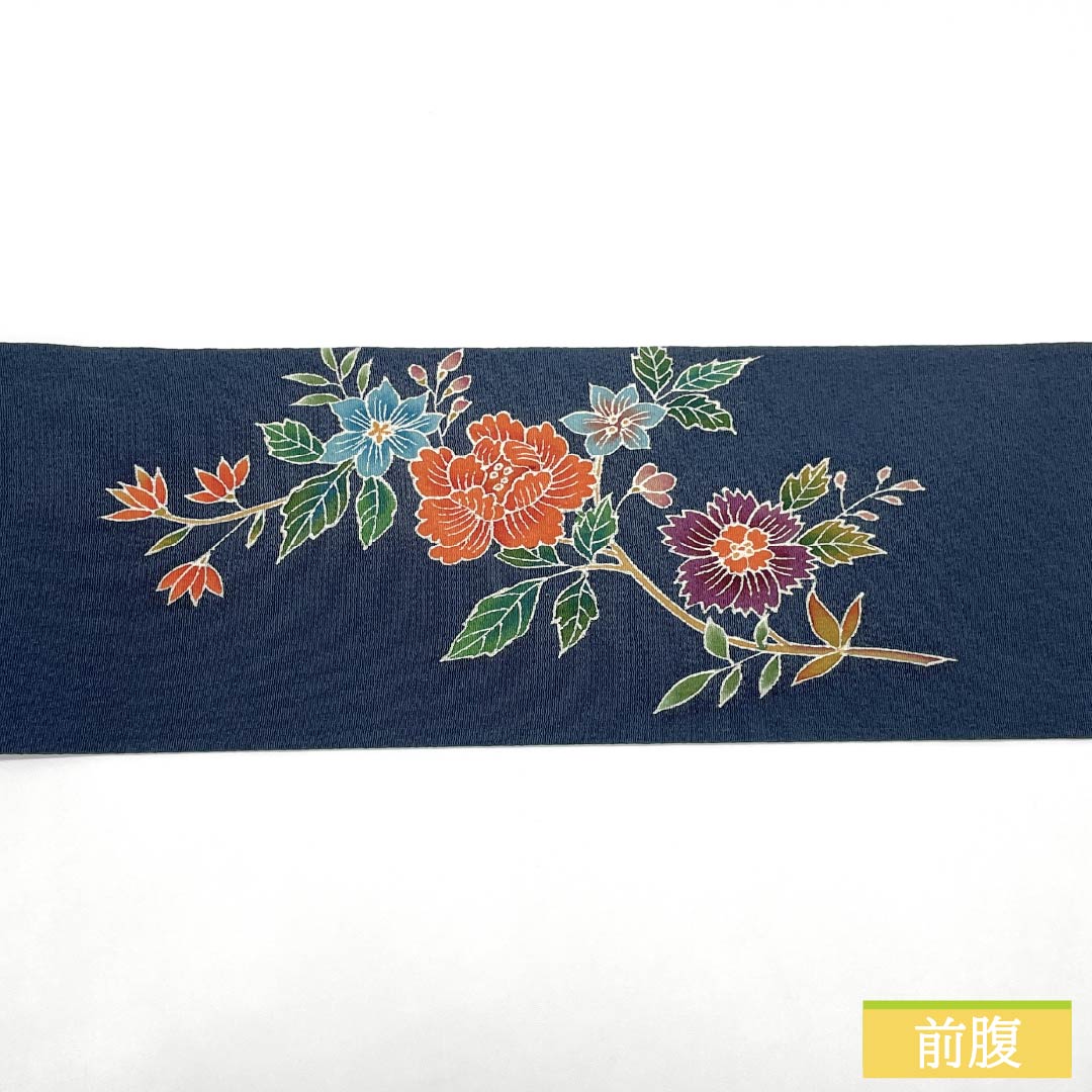 名古屋帯 正絹 Sランク 瞑色色(めいしょくいろ) 型染 ちりめん地 花鳥図 帯丈353cm ポイント柄 カジュアル 青系 1124010432317 名古屋仕立て