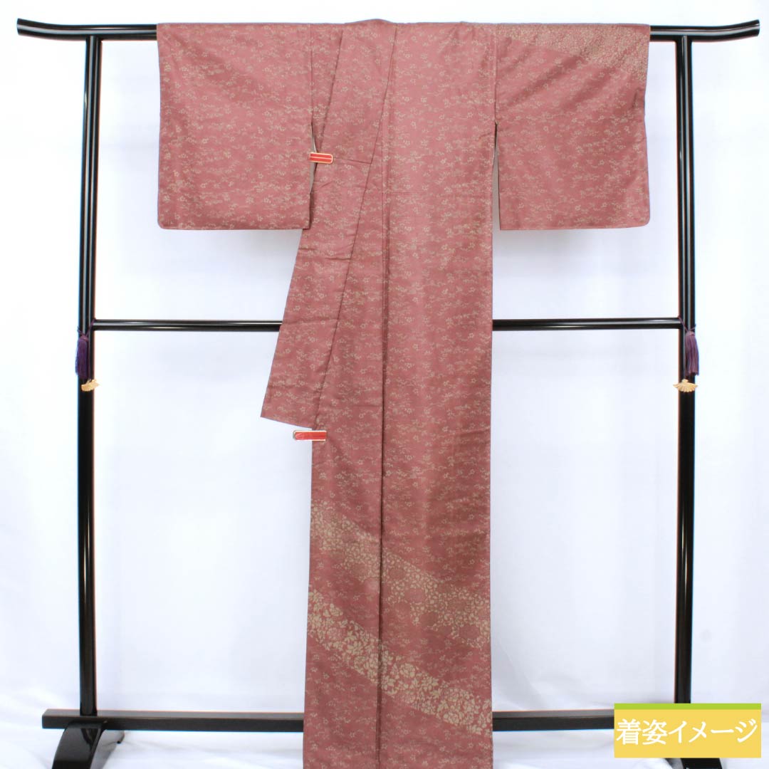 訪問着 正絹 Aランク 袷 身丈164.5cm 裄丈65cm 小豆色(あずきいろ) 紬地 草花 茶系 1112006343414