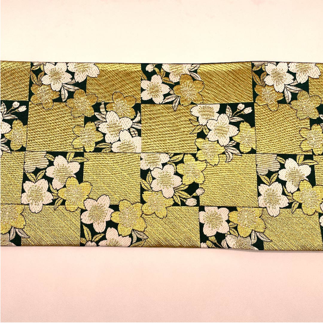 袋帯 琉璃色(リューリースーいろ 桜 市松 帯丈456cm 正絹 Aランク 六通 フォーマル 金系 1123007153421