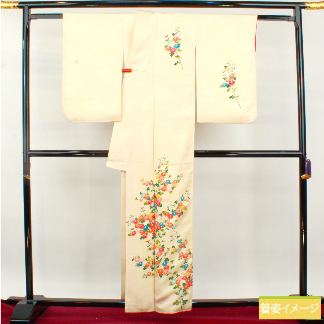 訪問着 正絹 袷 身丈160cm 裄丈63.5cm 砥粉色(とのこいろ) 京友禅 草花模様 Aランク クリーム系 1112004803415