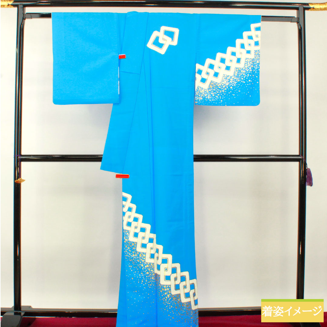 訪問着 ポリエステル 胴抜き 身丈163.5cm 裄丈67.5cm 天色(てんしょく) 洗える着物 𠮷原つなぎ 踊り衣装 付下げ Sランク 青系 1112004262417