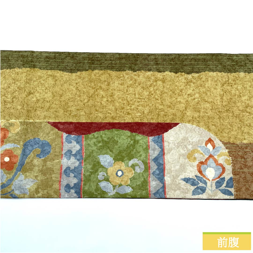 名古屋帯 京袋帯 牛血紅色 京袋帯 横段 唐花 よろけ縞 帯丈374cm 正絹 Sランク 六通 カジュアル 朱系 1124005912316 開き仕立て