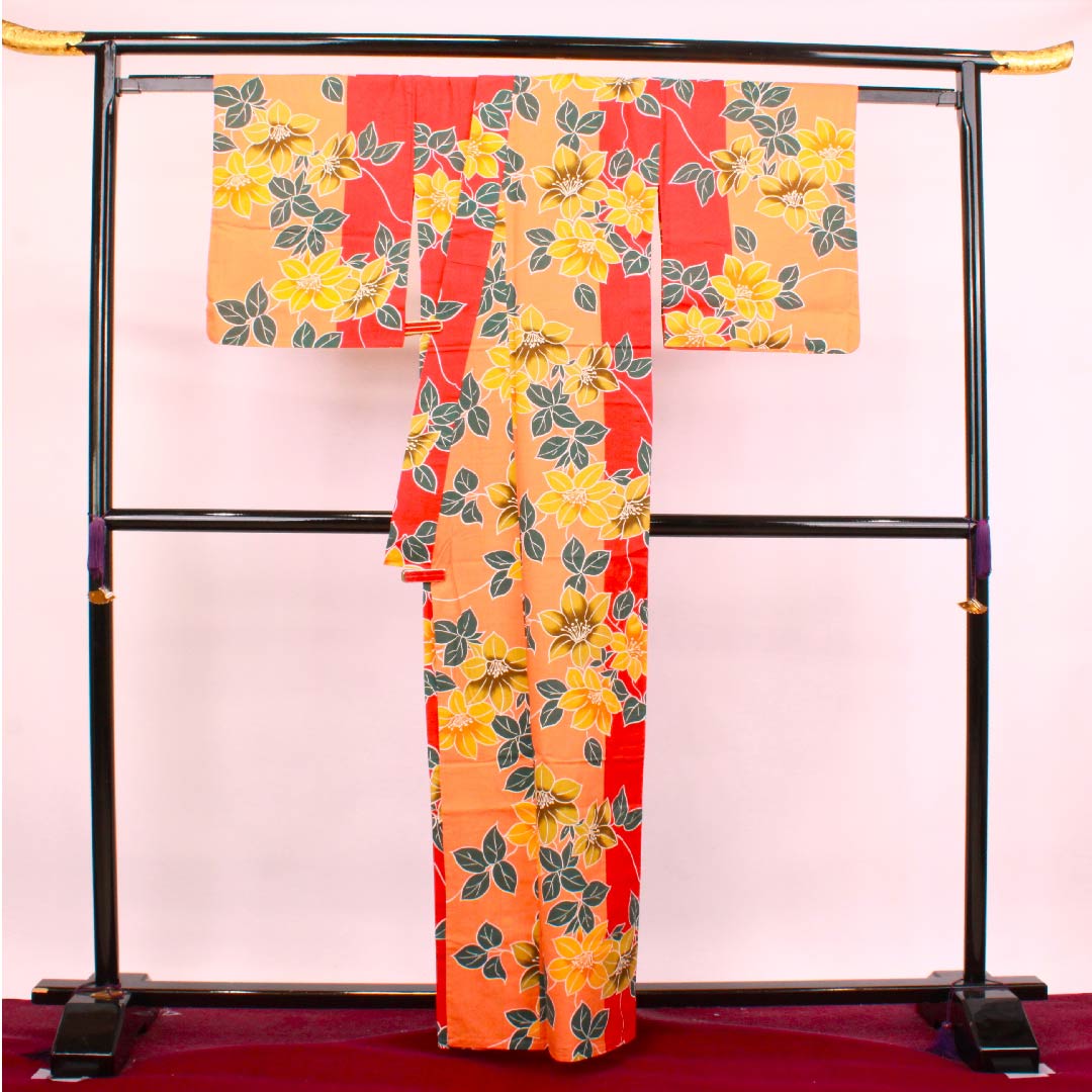 浴衣 黄丹色 ツツジ 木綿 Aランク 単衣 身丈162cm 裄丈66.5cm 朱系 1118004223416