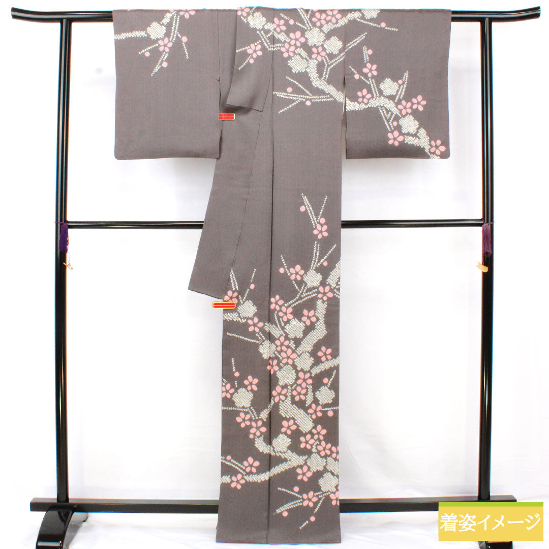 訪問着 正絹 袷 身丈164cm 裄丈63.5cm 藍鼠色(あいねずいろ) 部分絞り 桜 Aランク グレー系 1112005773422