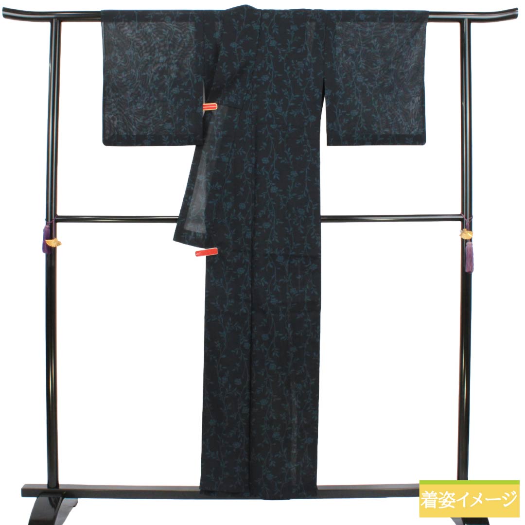 夏物 正絹 小紋 Sランク 身丈155.5cm 裄丈63.5cm 濃紺色(のうこんいろ) 草花模様 紗 紺系 1132004532318
