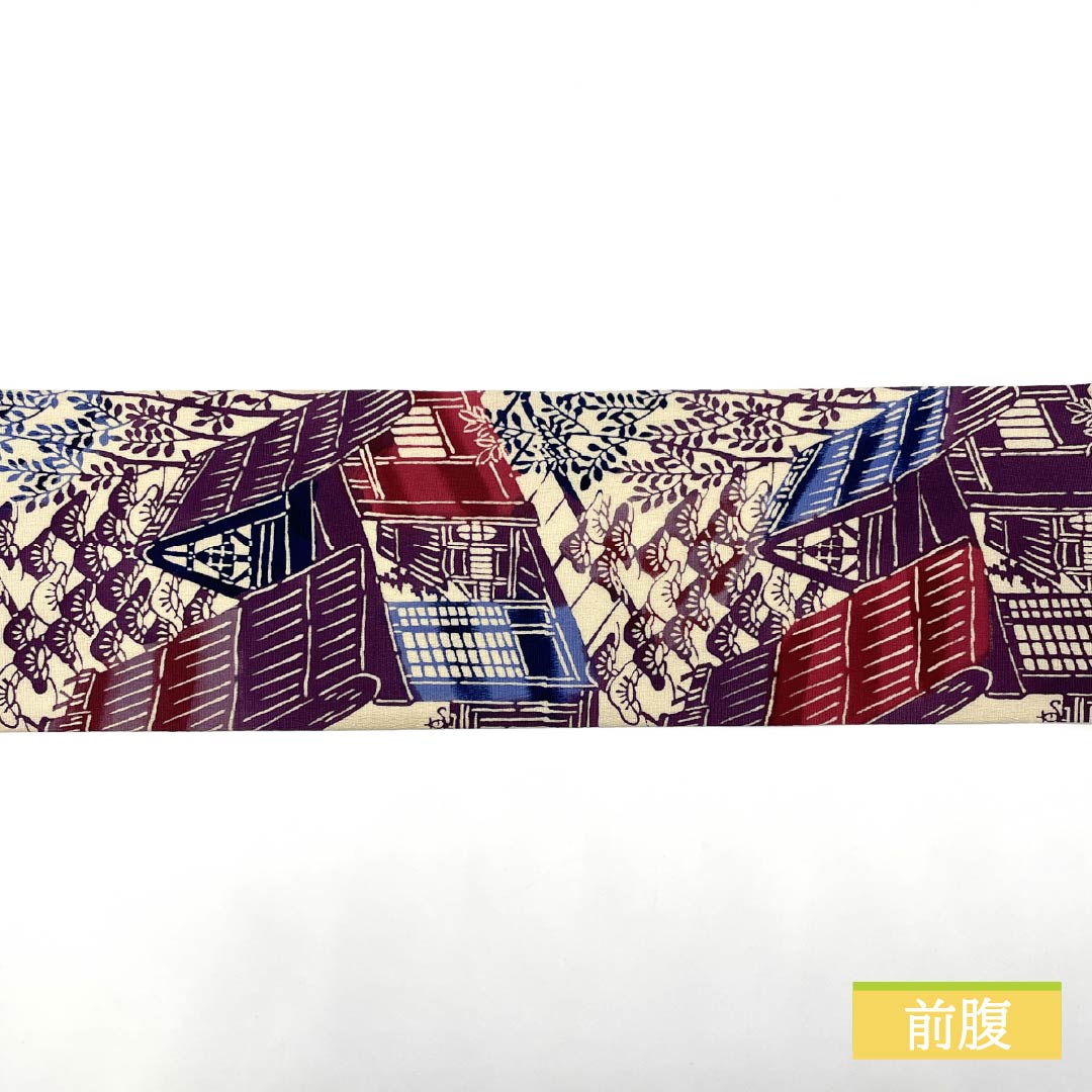 名古屋帯 生成り色(きなりいろ) 型染 風景模様 帯丈353cm 正絹 Aランク 全通 カジュアル ベージュ系 1124007793325 名古屋仕立て